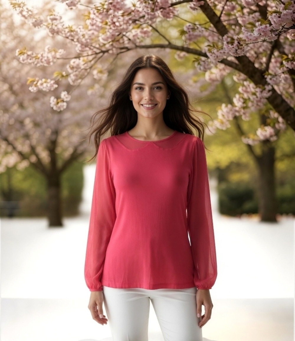 ELLE Pink Modal Long Sleeve Scoop Neck Blouse Women XS Sheer Ruched Top